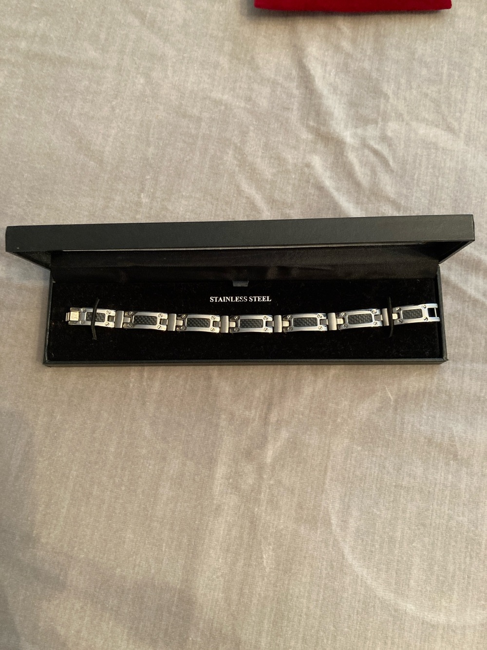 Men's Stainless Steel Black & Silver Link Bracelet with Carbon Fiber Insets